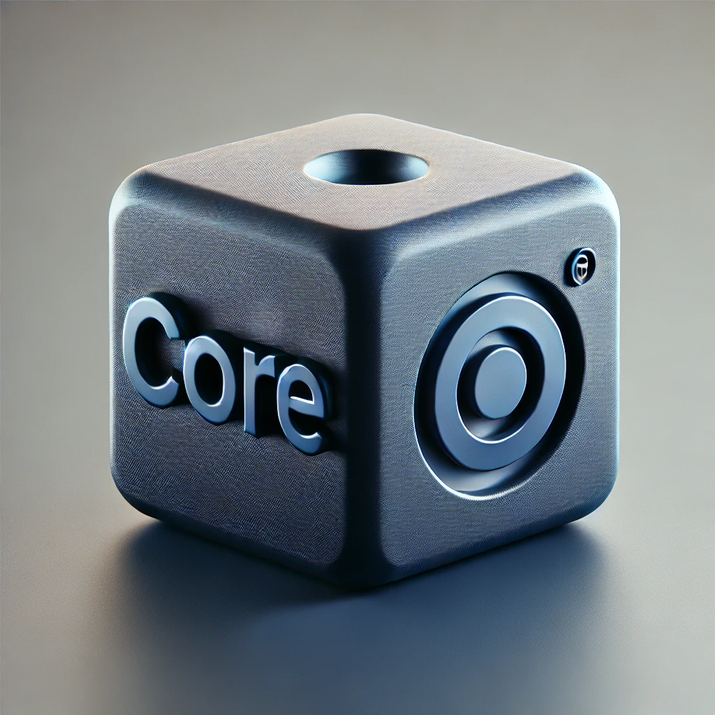 DALL·E 2025-03-09 00.32.28 - A 3D block with the letters 'CORE' embossed on its surface, colored in deep blue (#003082). The block should have a sleek, modern look with smooth edg